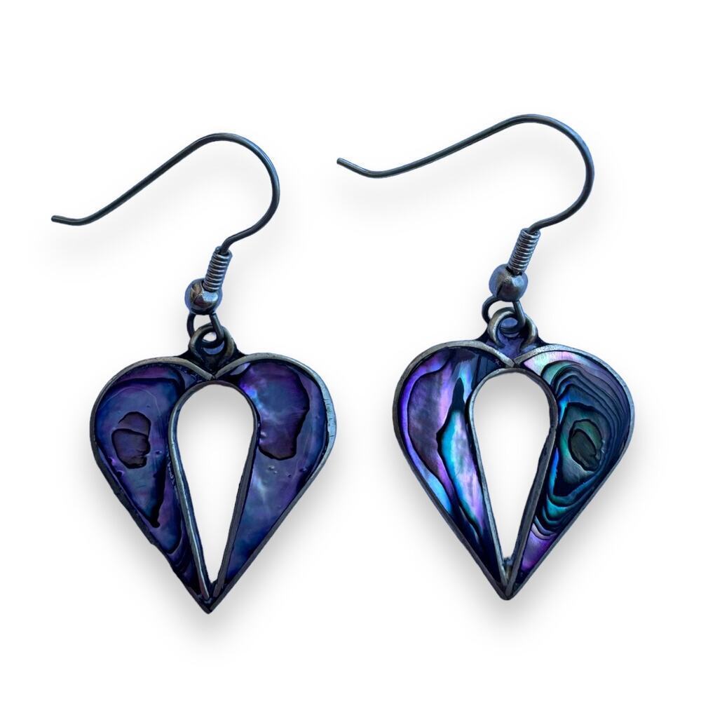 Vintage Silver Plated Heart Earrings Abalone Shell Alpaca Mexico